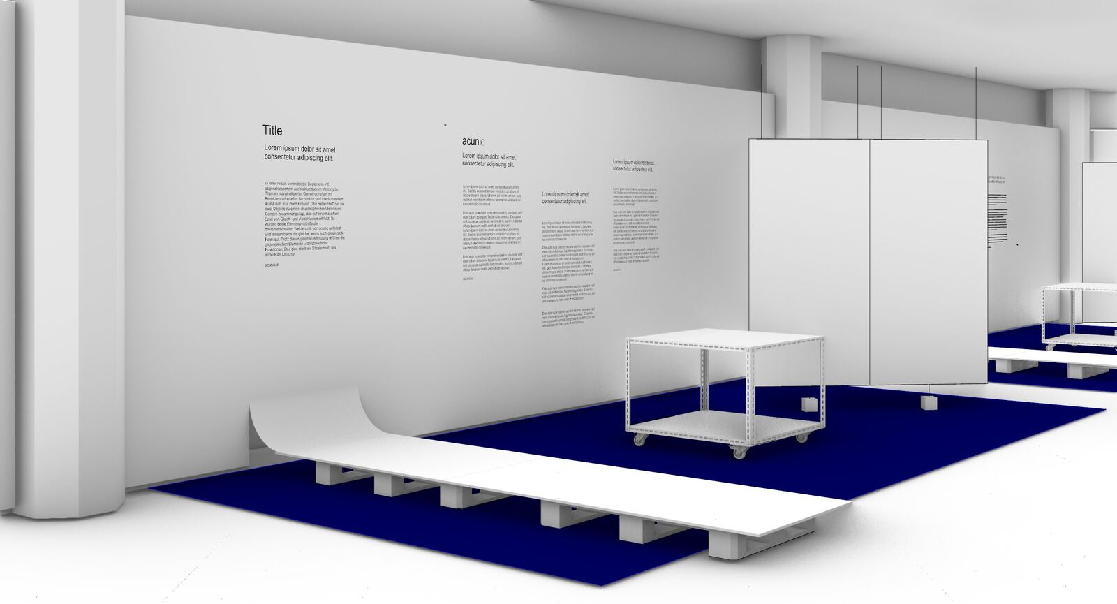 A brand pavilion with sample wall and table, rendered
