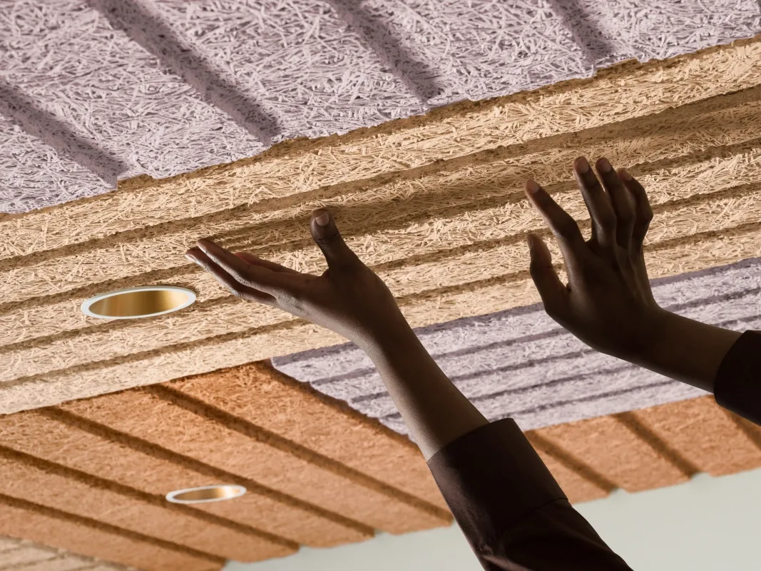 BAUX WOOD WOOL ceiling panels in brown.