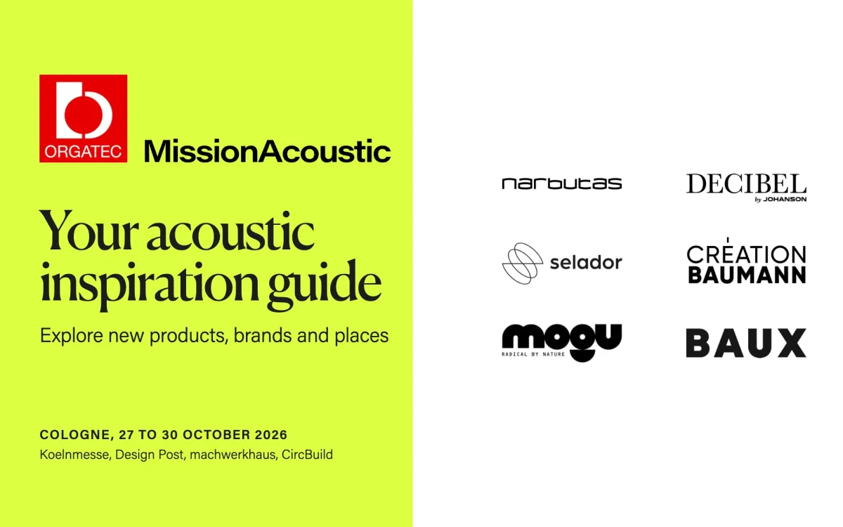 ORGATEC 2026 acoustic inspiration guide by MissionAcoustic with logos of Narbutas, DECIBEL, selador, Création Baumann, mogu and BAUX.