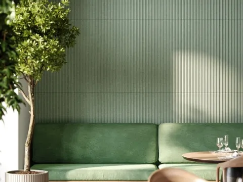 mogu PLUMA acoustic panels with a fluted surface.